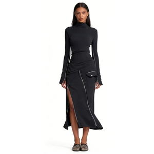 Conjunto de 2 Piezas para Mujer, Top de Manga <span class=keywords><strong>Larga</strong></span> <span class=keywords><strong>con</strong></span> Cuello Alto y Detalle de Cremallera y <span class=keywords><strong>Falda</strong></span> Maxi, Moda Sehe - Product Image 1
