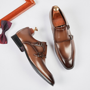 <b>Brown</b> Genuine Leather <b>Monk</b> <b>Strap</b> Dress <b>Shoes</b> Pointed Toe Buckle Closure Career All Seasons Rubber Outsole Drop Shipping - Product Image 1