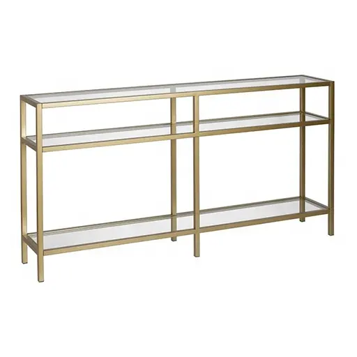 Mesa de consola moderna de lujo de metal dorado con diseño rectangular de vidrio templado superior y 3 estantes sofá muebles de entrada