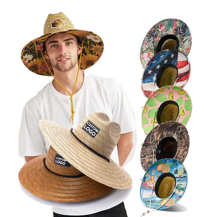 Lifeguard unisex Summer Outdoor natural straw Wide Brim surfing Straw Hat with logo