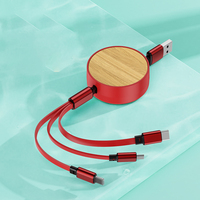Câble de charge USB rapide 3-en-1 en bambou, rétractable 1,2 m, pour promotion, exposition commerciale, publicité, événement, cadeau, câble de charge 3-en-1