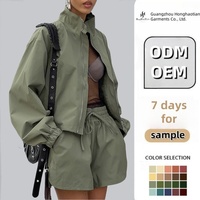 Ensemble de sport deux pièces pour femme, veste décontractée à col montant et short élastique, personnalisable ODM
