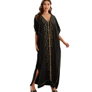 Newest Wholesale Collection Black And White Embroidered Kaftan Bohemian Short Sleeves Tassel Decorative Neck Boho Maxi Dress