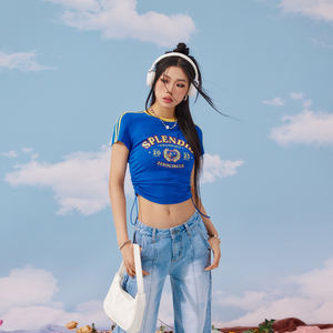 Y2K Letter Printed Knitted <strong>90s</strong> Crop Tops O-Neck Short Sleeve Drawstring Splice <strong>T</strong>-<strong>shirts</strong> Vintage BF Clothing Top - Product Image 2