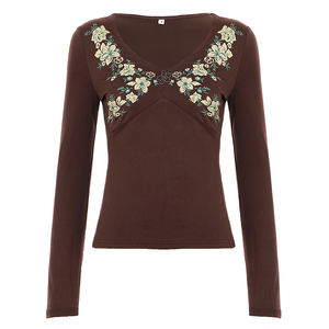 เสื้อยืดคอวีถักลายปักสไตล์วินเทจสำหรับผู้หญิง ทรงปกติ แขนยาว พิมพ์ลายดอกไม้ ระบายอากาศได้ดี สไตล์เรโทร - Product Image 6