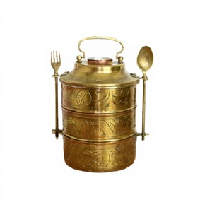Designer 3 Tier Brass Picnic Tiffin <b>Box</b> Round Shape Customized Size Tiffin <b>Box</b> <b>Lunch</b> <b>Box</b> With Fork And Knife - Product Image 1