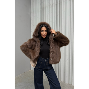 Abrigo corto de piel de zorro teñido de marrón con capucha, parka de lana con cierre de cremallera, chaqueta tejida con relleno de algodón color camel, blazer con botones y estampado. - Product Image 3