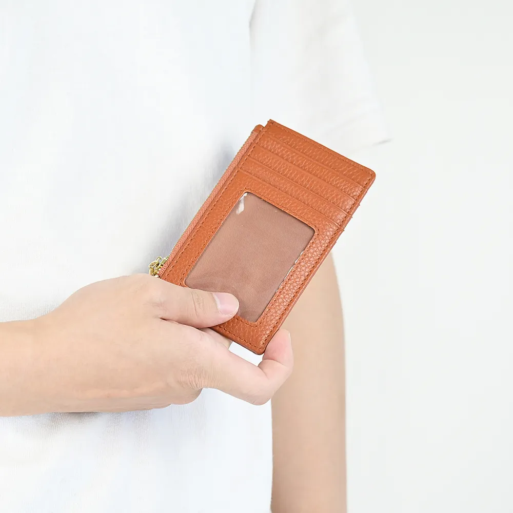 מחזיק כרטיס עור מלא נייד רב תכליתי נרתיק מטבעות עם רוכסן נרתיק לכרטיס אשראי עם לוגו הבלטה