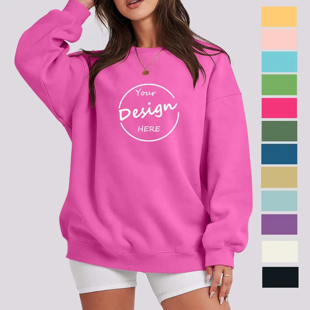 Benutzer definierte rosa Frau Overs ize Sweatshirt Puff Print Plain Rundhals ausschnitt Geprägte Baumwolle Pullover Plus Size Rundhals ausschnitt Sweatshirts Frauen
