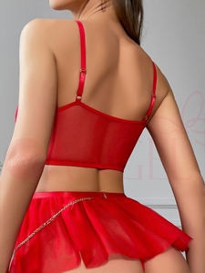 KISS ME ANGEL Sexy donna ricamata in pizzo rosso catena di metallo scavata tentazione trasparente con ferretto lingerie sexy - Product Image 5