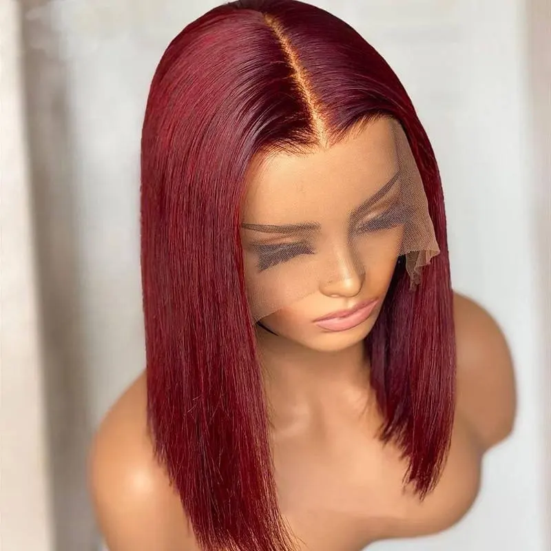 Short Lace Front Human Hair Wigs Bob Double Drawn Burgundy Closure 99J Bob Wigs