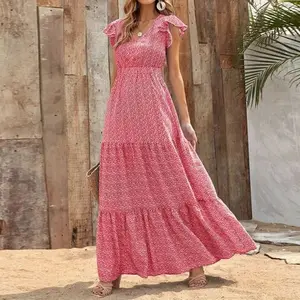 2024 European Summer High Waist Solid Color Short Floral Sleeve Long Loose Dress Print Puffy Skirt Casual Dress