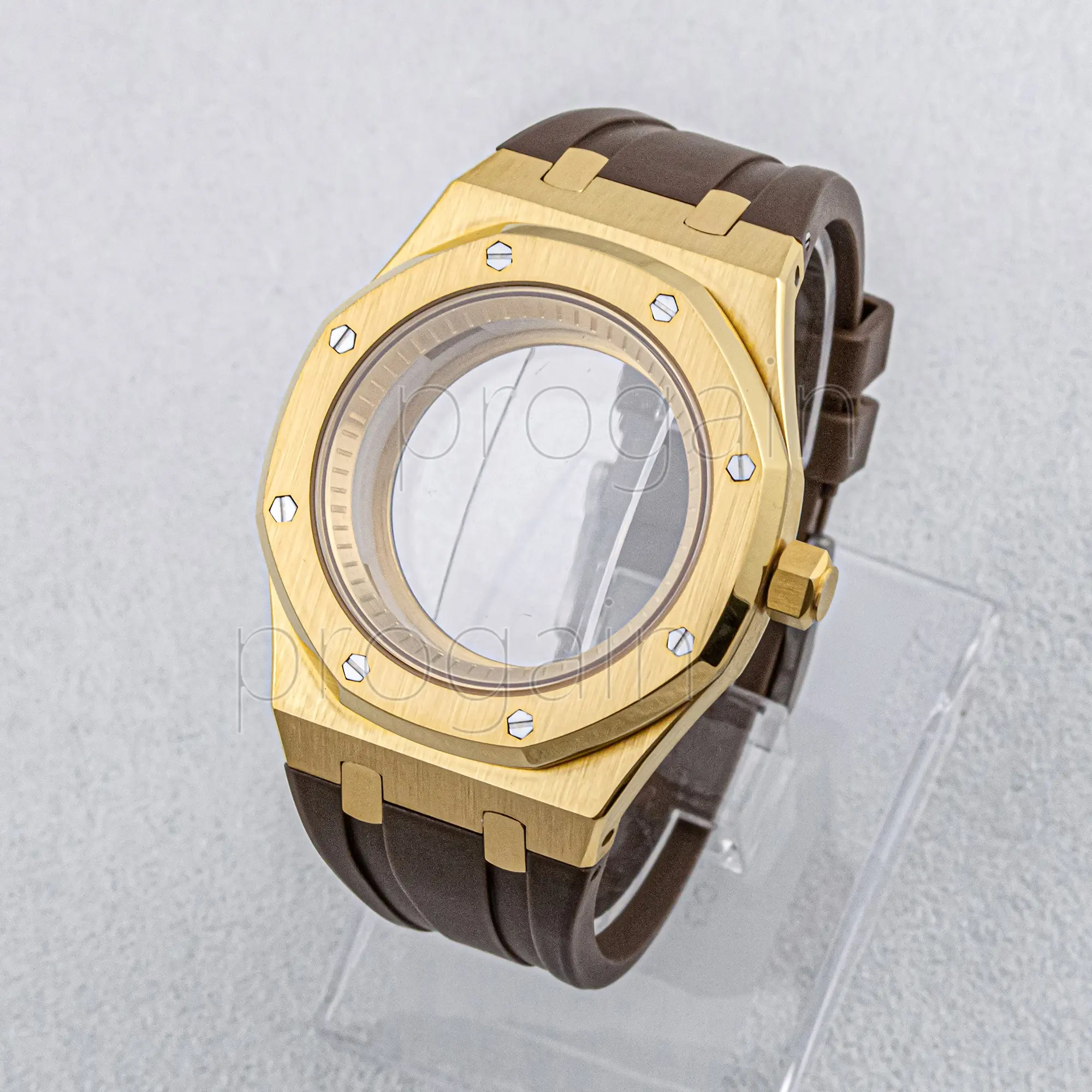 Jam tangan mekanis kustom casing Emas PVD bagian tali jam karet coklat untuk NH35 NH36 cincin Bab gerakan jam tangan otomatis