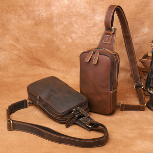 Vintage Genuine Leather Men's Chest <b>Bag</b> Dark Brown Coffee Color Top Grain Cowhide Handmade Double Zipper Crossbody - Product Image 4