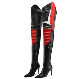 Botas de mujer de colores variados, por encima de la rodilla, con tacón alto y delgado, cremallera lateral, punta fina, talla grande 44, botines altos hasta el muslo. - Product Image 5