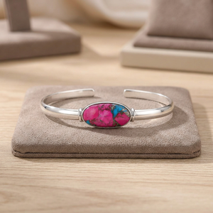 Silver Cuff <b>Bracelet</b> With Pink And Blue Natural Stone Inlay Bohemia Style Everyday Wear Unisex Jewelry - Product Image 1