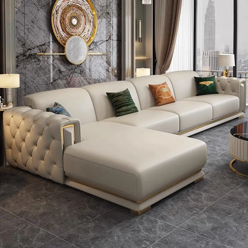 Sofá de cuero conjunto de muebles de lujo de cuero blanco y dorado sofá de cuero blanco de lujo Silla de salón de lujo de cuero blanco