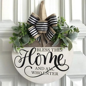 Rustic Artificial Wood <b>Door</b> Sign with <b>Wreath</b> 30cm Modern American Country Welcome Plaque - Product Image 6