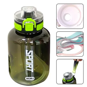 Travel Customized Wholesale Logo Plastic Portable Sport Fitness Water Bottle With Strap Large Capacity Straw Cup Space Mug