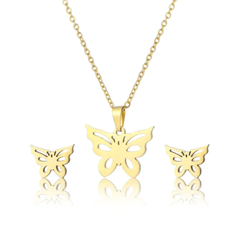 Custom Fashion Jewelry Pendant Earrings Set Gold Plated Stainless Steel Butterfly Pendant Necklaces For Ladies