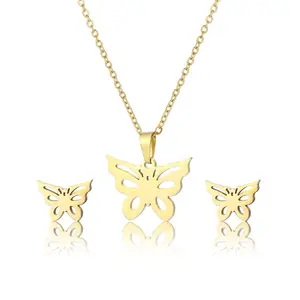 Joyería de moda personalizada colgante pendientes conjunto chapado en oro de acero inoxidable mariposa colgante collares para damas