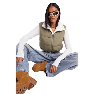 Veste courte en duvet pour <span class=keywords><strong>femme</strong></span> avec doublure en fausse <span class=keywords><strong>fourrure</strong></span> fermeture à glissière hiver coupe-vent <span class=keywords><strong>sans</strong></span> manches chaud gilet bouffant - Product Image 4
