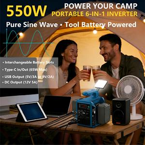 สถานีไฟฟ้าพกพา 550W แบตเตอรี่ 18-20V ไฟ AC 110V คลื่นไซน์บริสุทธิ์ AC/USB/Type-C สำหรับใช้งานกลางแจ้ง ไม่รวมแบตเตอรี่ - Product Image 4