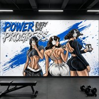 Papier peint mural personnalisé géométrique moderne pour salle de sport, illustration femme fitness, bleu électrique, effet graffiti, pour salle de sport commerciale