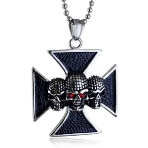 Viking Jewelry Antique Silver Punk Triple Red Eyes Skull Cross Pendant Titanium Steel Necklace For Men