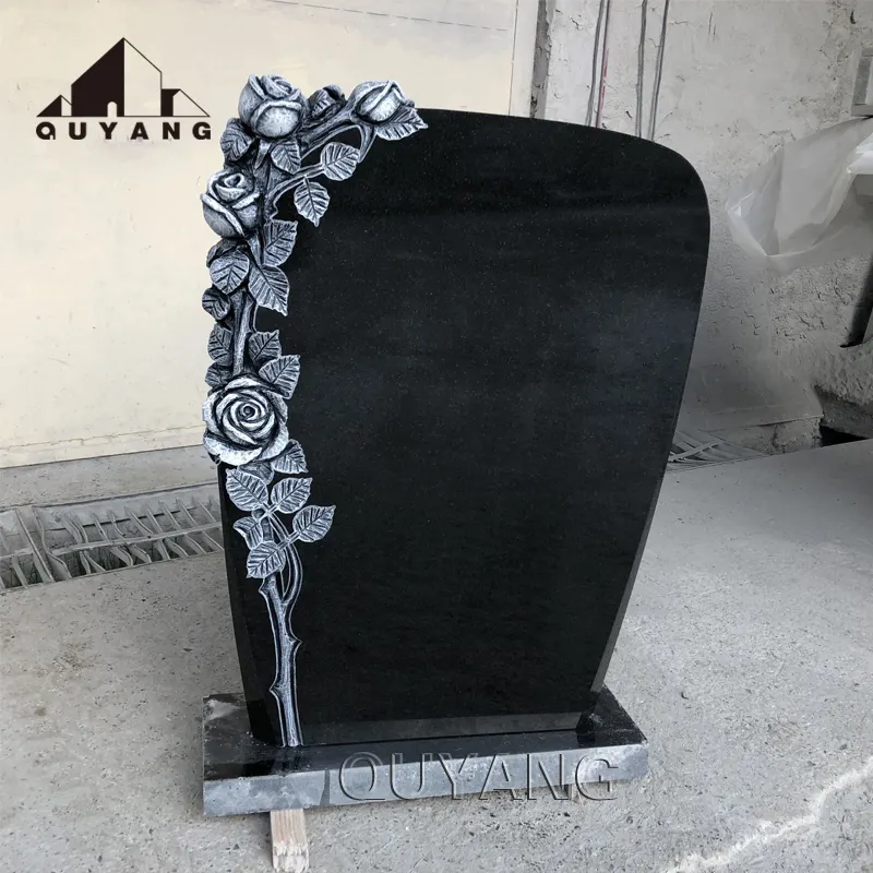 QUYANG Design cinese cimitero decorazione pietra lapide intagliata a mano in granito nero statua di fiore monumento lapide