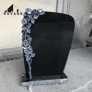 QUYANG Desain Cina Dekorasi Pemakaman Batu Headstone Ukiran Tangan Hitam Granit Bunga Patung Monumen Tombstone