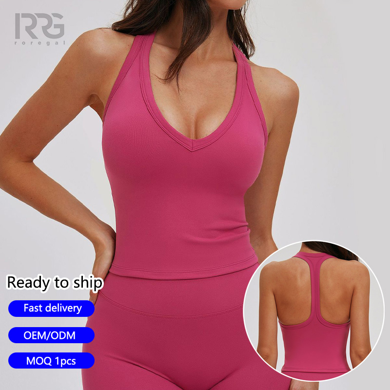 Roregal Outdoor Workouts Running Gym Women's High-Support V Neck Yoga Tank Top with Removable Pads