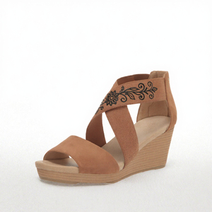 Sandales compensées brodées florales couleur tan à bout ouvert, mules à plateforme à enfiler pour femme, chaussures d'été habillées - Product Image 3