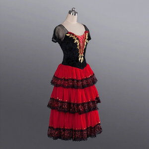 Robe de ballet professionnelle pour femmes adultes Don Quichotte Espagnol Rouge Noir Soie/Coton Multi-couches Grand ourlet Robe longue - Product Image 2