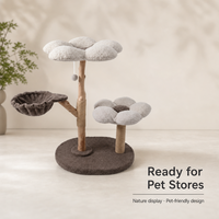 Arbre à chat en bois massif et lin avec plateformes en peluche en forme de fleur et poteau à gratter en corde de jute pour chats