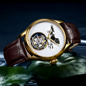 Montres mécaniques tourbillon pour hommes, design peinture à l'encre du cheval du zodiaque chinois, cristal saphir de luxe, acier 316L, étanches - Product Image 5