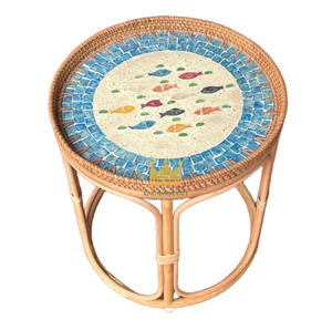 Mesa de Centro Moderna de Ratán Ecológico con Incrustaciones de Madreperla, Diseño de Concha, Mesa Auxiliar Decorativa para Interiores y Exteriores - Product Image 1