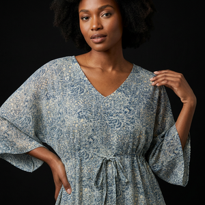 V Neck Floral Georgette Breathable Midi <b>Kaftan</b> Loose Boho Style Three Quarter Sleeve Drawstring Waist Spring <b>Summer</b> Casual - Product Image 2