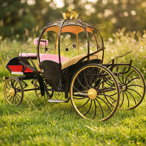 Charrette citrouille à six places noire non motorisée tirée par des chevaux, avec coussins roses et décorations personnalisées, chariot de princesse pour exposition extérieure - Product Image 1