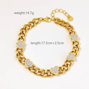 चेन ब्रेसलेट स्टेनलेस स्टील सोने को पूर्ण क्रिस्टल दिलों के साथ सपेटेड लंबाई हाइपोएलर्जेनिक गहने - Product Image 2