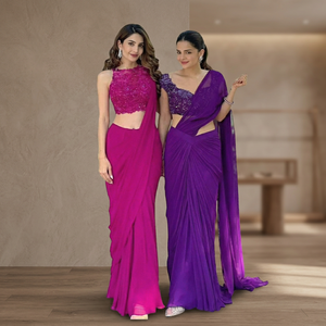 Sari rose et violet tendance pré-drapé, alternative élégante au sari moderne pour femmes, idéal pour les boutiques de créateurs et les occasions festives. - Product Image 1