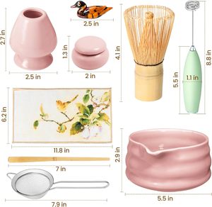 ชุดเครื่องตีชาเขียวชุดทำชามช้อนตักที่ใส่ชาแบบญี่ปุ่นอุปกรณ์เริ่มต้นของขวัญสำหรับพิธี (สีชมพู9แพ็ค) - Product Image 2