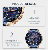LIGE 9982 Montres à quartz d'affaires pour hommes Fashion Blue Three Eyes And Six Needles Multifunction Waterproof Sport Timing Watch