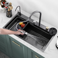 Évier de cuisine multifonction fabriqué à la main à la mode moderne, évier de cuisine noir à cascade nano