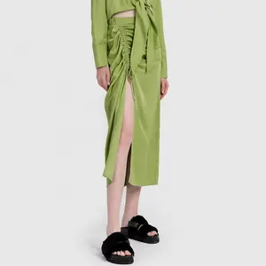 2024 Summer Fashion Women Boho Sexy Elastic Waist Drawstring Green Long Maxi Skirt With Slit