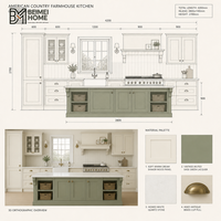 Meubles de cuisine BEIMEI style ferme américaine, armoires crème, îlot vert sauge, évier en céramique, meubles sur mesure pour villa de campagne