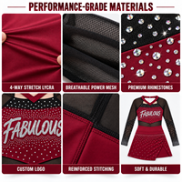 Ensemble d'uniforme de cheerleading bordeaux personnalisé avec manches en maille ornées de strass thermocollants, résistant aux chutes et optimisé pour la performance