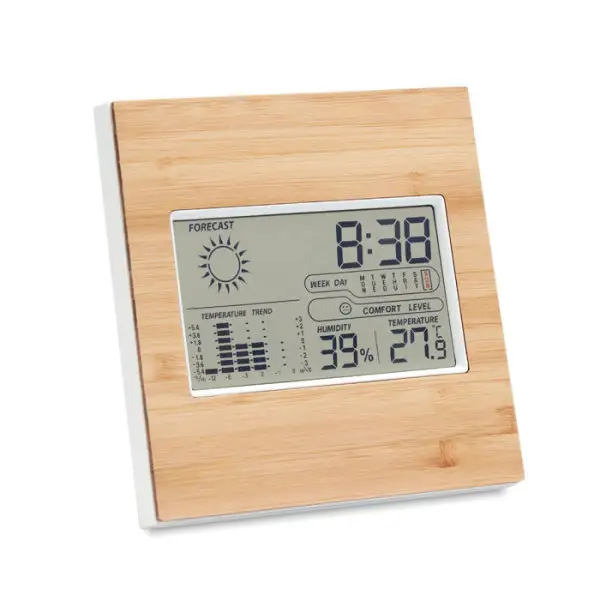 Jam meja stasiun cuaca rumah, bahan kayu bambu dengan tanggal kelembaban Cuaca Alarm suhu