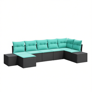 Juego de sofás de jardín de ratán sintético negro de 7 piezas, cojines turquesa, muebles de exterior, diseño contemporáneo, resistente a la intemperie - Product Image 1