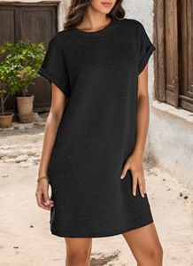 2025 verano estilo europeo vestido Casual moda tejido Color sólido con cuello redondo bolsillo manga corta ajuste suelto para otoño - Product Image 6